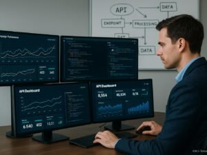 Person im Business-Casual-Outfit analysiert Kampagnendaten an einem High-Tech-Schreibtisch mit Monitoren und Whiteboard im Hintergrund