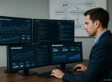 Person im Business-Casual-Outfit analysiert Kampagnendaten an einem High-Tech-Schreibtisch mit Monitoren und Whiteboard im Hintergrund