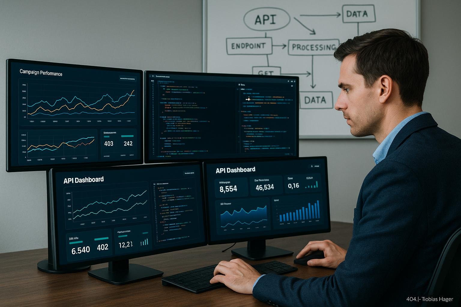 Person im Business-Casual-Outfit analysiert Kampagnendaten an einem High-Tech-Schreibtisch mit Monitoren und Whiteboard im Hintergrund
