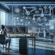 Modernes Digitalarbeitsplatz mit Team, das an automatisiertem Marketing-Trichter arbeitet, inklusive Monitor, Whiteboard und Entwickler, der Codes anpasst, mit holographischen Elementen