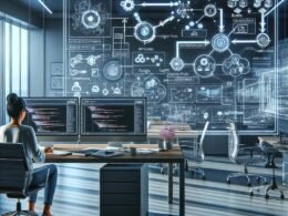 Modernes Digitalarbeitsplatz mit Team, das an automatisiertem Marketing-Trichter arbeitet, inklusive Monitor, Whiteboard und Entwickler, der Codes anpasst, mit holographischen Elementen