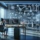 Modernes Digitalarbeitsplatz mit Team, das an automatisiertem Marketing-Trichter arbeitet, inklusive Monitor, Whiteboard und Entwickler, der Codes anpasst, mit holographischen Elementen
