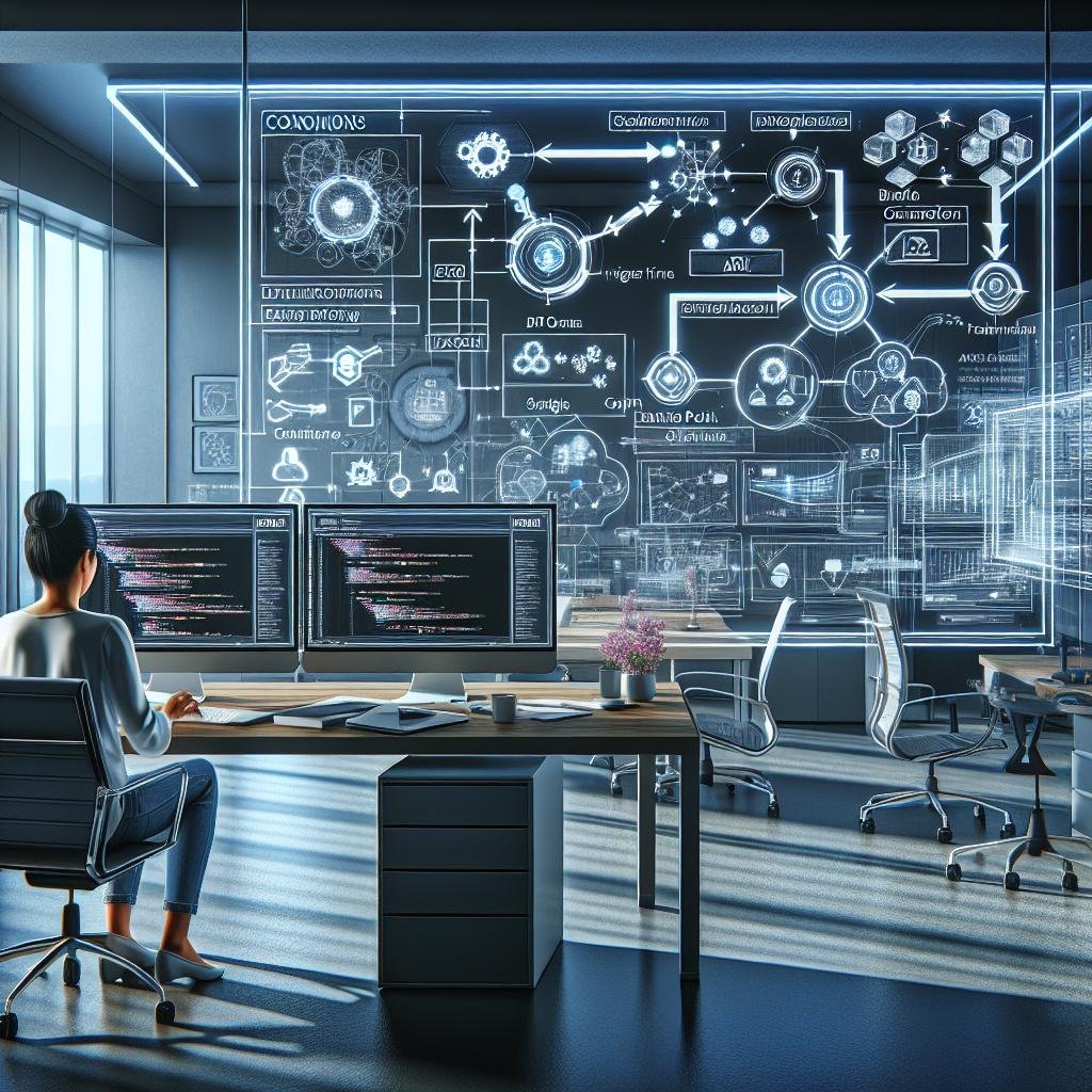 Modernes Digitalarbeitsplatz mit Team, das an automatisiertem Marketing-Trichter arbeitet, inklusive Monitor, Whiteboard und Entwickler, der Codes anpasst, mit holographischen Elementen
