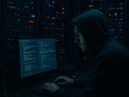 Mann in Hoodie vor Monitor mit Codes in dunklem Serverraum mit blinken LEDs und Server-Racks, symbolisiert digitale Überwachung und Datenschutzrisiken