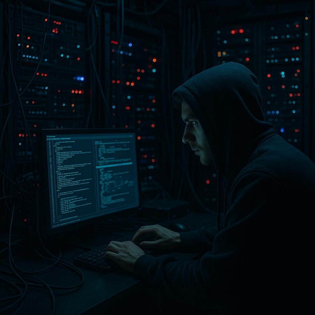 Mann in Hoodie vor Monitor mit Codes in dunklem Serverraum mit blinken LEDs und Server-Racks, symbolisiert digitale Überwachung und Datenschutzrisiken