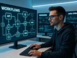Ein moderner Arbeitsplatz mit mehreren Monitoren, die API-Integrationen, Webhook-Flowcharts und Datenströme in Echtzeit anzeigen, mit LED-Beleuchtung und zeitgemäßen Möbeln, die eine technologische Atmosphäre schaffen.