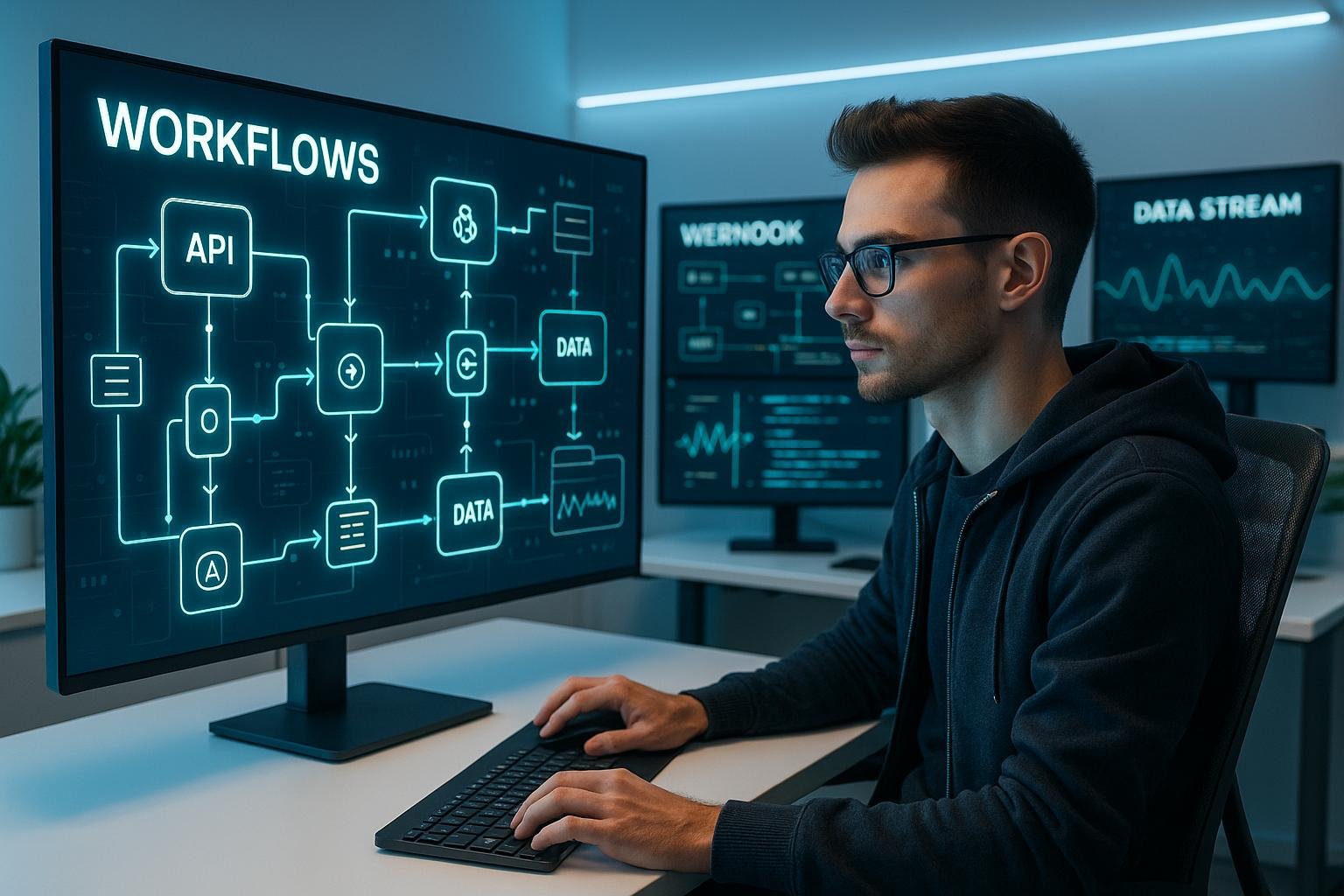 Ein moderner Arbeitsplatz mit mehreren Monitoren, die API-Integrationen, Webhook-Flowcharts und Datenströme in Echtzeit anzeigen, mit LED-Beleuchtung und zeitgemäßen Möbeln, die eine technologische Atmosphäre schaffen.
