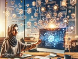 Moderner Arbeitsplatz mit Computerbildschirm, der einen farbenfrohen Workflow zeigt, mit einer Person, die auf die Optimierung ihrer Automatisierung mit n8n hinweist, umgeben von Whiteboards und Notizen, die Planung und Modularität verdeutlichen.