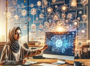 Moderner Arbeitsplatz mit Computerbildschirm, der einen farbenfrohen Workflow zeigt, mit einer Person, die auf die Optimierung ihrer Automatisierung mit n8n hinweist, umgeben von Whiteboards und Notizen, die Planung und Modularität verdeutlichen.