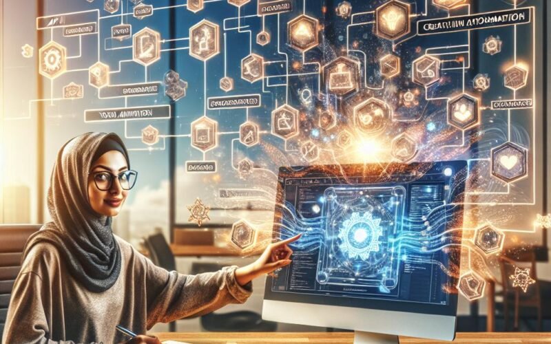 Moderner Arbeitsplatz mit Computerbildschirm, der einen farbenfrohen Workflow zeigt, mit einer Person, die auf die Optimierung ihrer Automatisierung mit n8n hinweist, umgeben von Whiteboards und Notizen, die Planung und Modularität verdeutlichen.