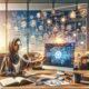Moderner Arbeitsplatz mit Computerbildschirm, der einen farbenfrohen Workflow zeigt, mit einer Person, die auf die Optimierung ihrer Automatisierung mit n8n hinweist, umgeben von Whiteboards und Notizen, die Planung und Modularität verdeutlichen.