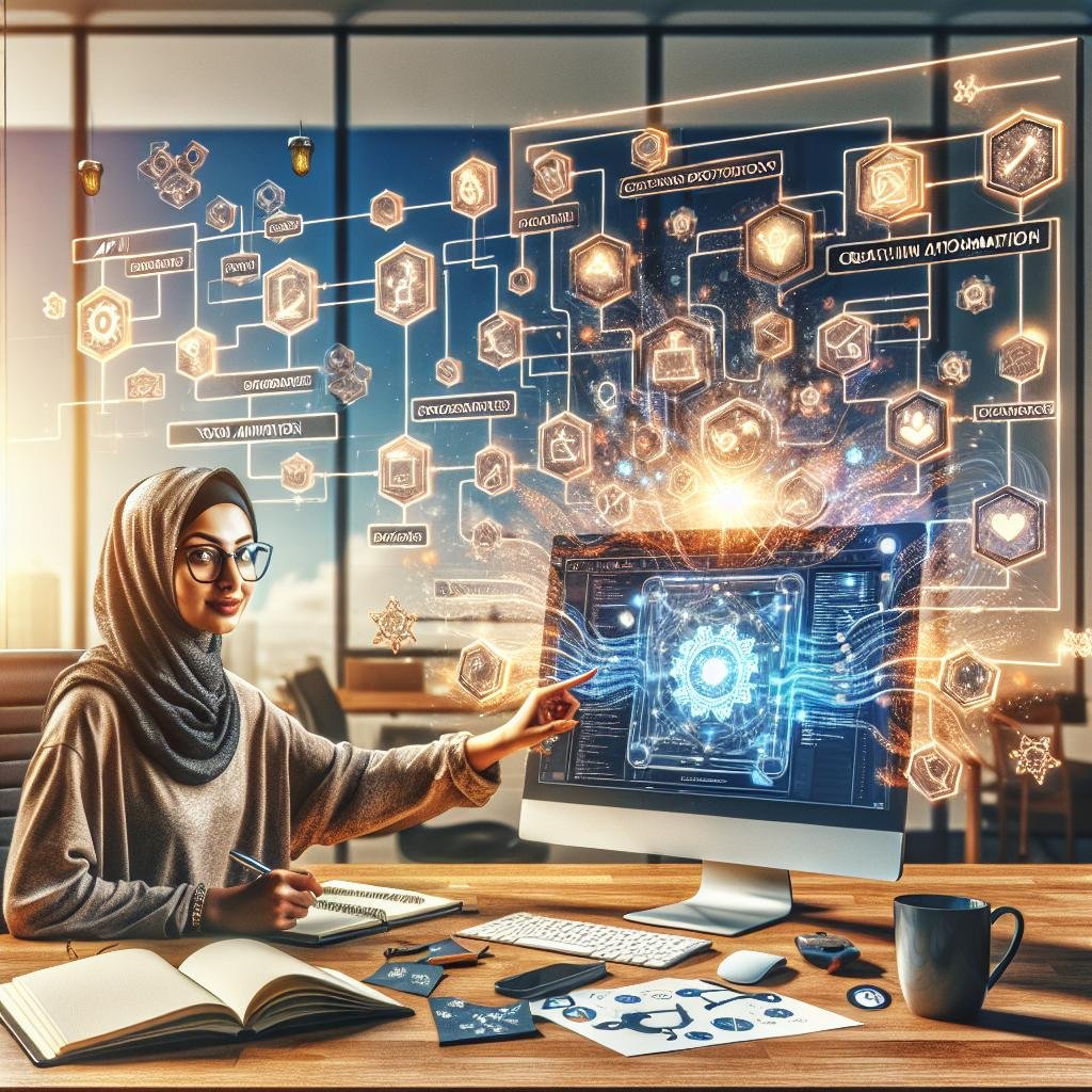 Moderner Arbeitsplatz mit Computerbildschirm, der einen farbenfrohen Workflow zeigt, mit einer Person, die auf die Optimierung ihrer Automatisierung mit n8n hinweist, umgeben von Whiteboards und Notizen, die Planung und Modularität verdeutlichen.