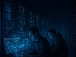 Hochsicheres Datenzentrum bei Nacht mit Serverracks, holografischen Datenströmen und IT-Experten, die Monitore überwachen, Bild von Tobias Hager, 404 Magazine