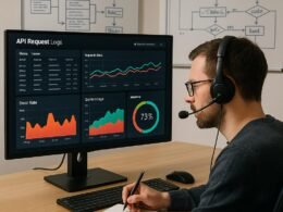 Arbeitsplatz mit großem Bildschirm, der API-Request-Logs, Diagramme und Echtzeit-Metriken zeigt, mit einem Entwickler im Fokus, im Hintergrund Whiteboards mit technischen Diagrammen