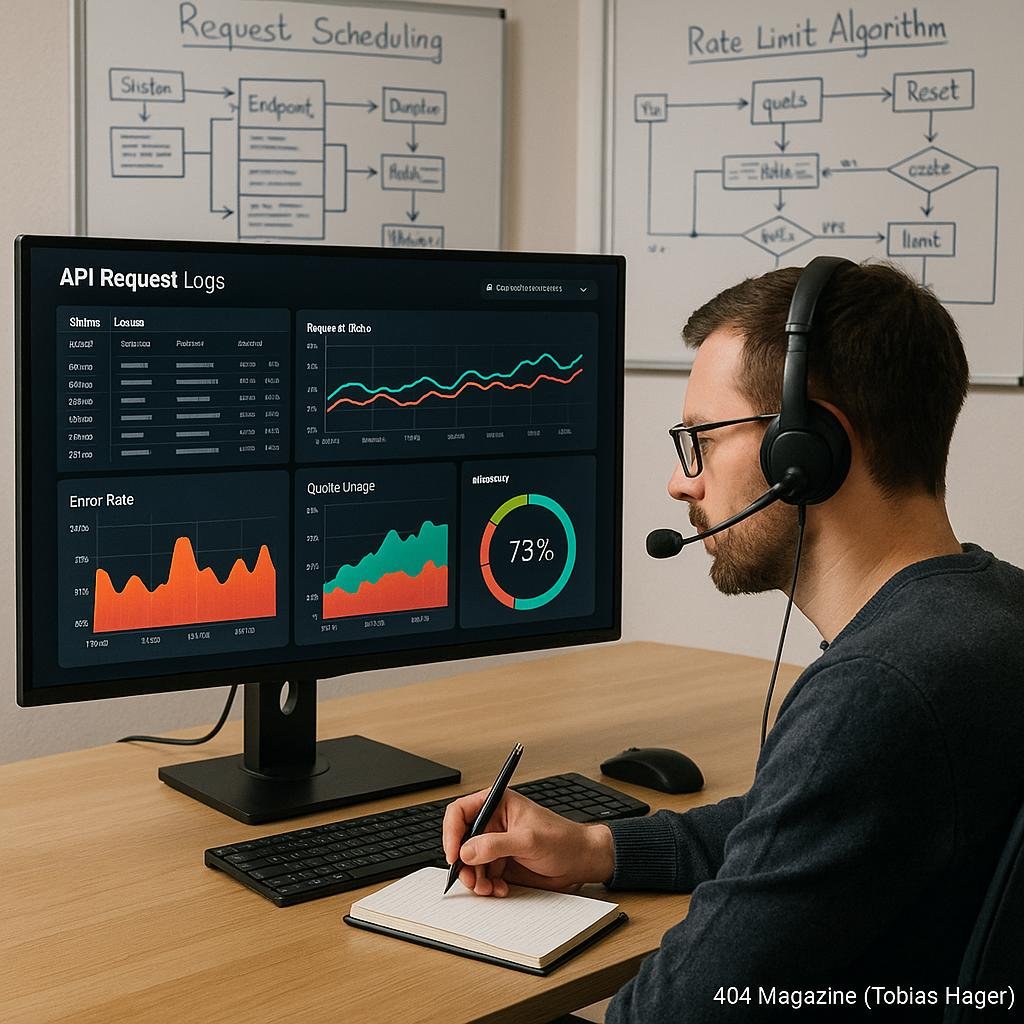 Arbeitsplatz mit großem Bildschirm, der API-Request-Logs, Diagramme und Echtzeit-Metriken zeigt, mit einem Entwickler im Fokus, im Hintergrund Whiteboards mit technischen Diagrammen