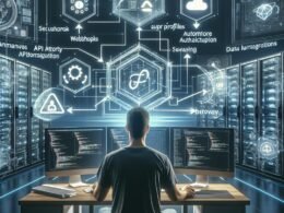 Futuristische Arbeitsumgebung mit Entwickler, der an einem modernen Computer mit mehreren Bildschirmen arbeitet, die API-Diagramme, Webhook-Flows und Sicherheits-Icons anzeigen.