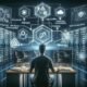 Futuristische Arbeitsumgebung mit Entwickler, der an einem modernen Computer mit mehreren Bildschirmen arbeitet, die API-Diagramme, Webhook-Flows und Sicherheits-Icons anzeigen.