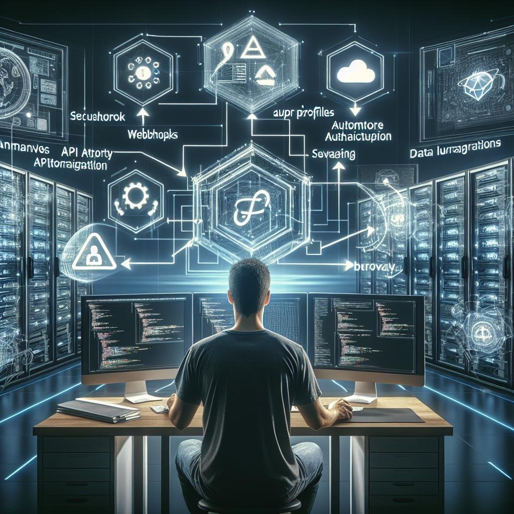 Futuristische Arbeitsumgebung mit Entwickler, der an einem modernen Computer mit mehreren Bildschirmen arbeitet, die API-Diagramme, Webhook-Flows und Sicherheits-Icons anzeigen.