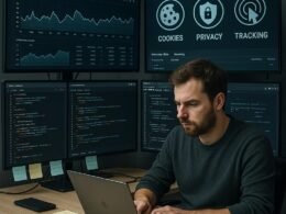 Entwickler in casual Kleidung vor mehreren Monitoren mit Netzwerk-Analysen, Code und Diagrammen im modernen Büro, Atmosphäre der digitalen Überwachung und technischen Kompetenz.