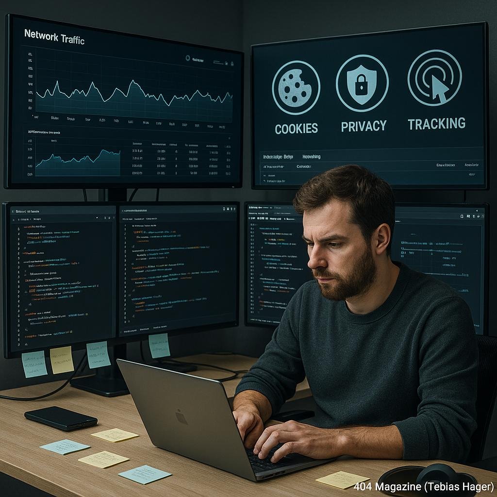 Entwickler in casual Kleidung vor mehreren Monitoren mit Netzwerk-Analysen, Code und Diagrammen im modernen Büro, Atmosphäre der digitalen Überwachung und technischen Kompetenz.