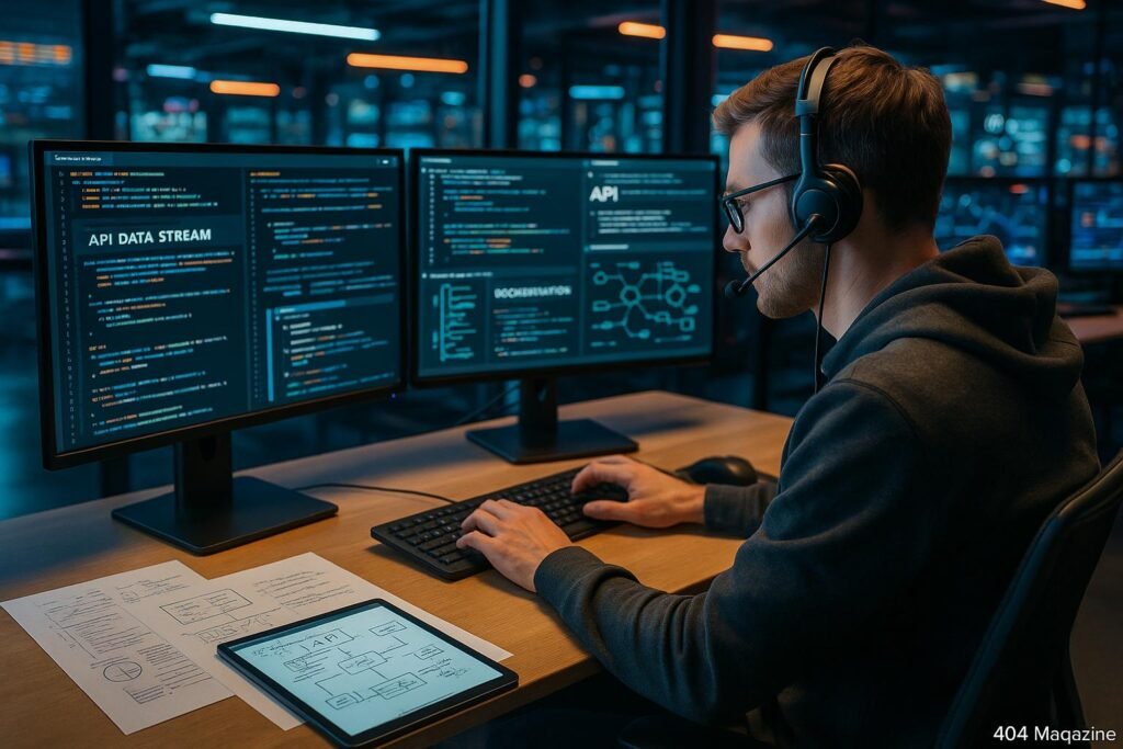 Entwickler in einem modernen Büro arbeitet mit mehreren Monitoren, zeigt API-Daten und Code-Snippets, umgeben von Notizen und Skizzen.