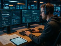 Entwickler in einem modernen Büro arbeitet mit mehreren Monitoren, zeigt API-Daten und Code-Snippets, umgeben von Notizen und Skizzen.