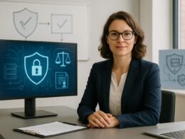 Geschäftsfrau sitzt an modernem Schreibtisch mit Monitor, der Sicherheits- und Rechtssymbole anzeigt, im Hintergrund Whiteboard mit Schutz- und Compliance-Diagrammen, natürliche Beleuchtung im Büro.