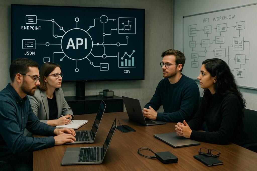 Team von Fachleuten bei einer Besprechung in einem modernen Arbeitsumfeld mit Bildschirm, Datenflüssen, API-Endpunkten und technischen Diagrammen
