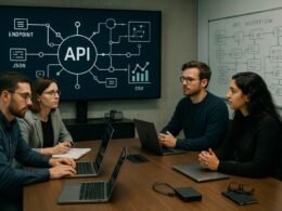 Team von Fachleuten bei einer Besprechung in einem modernen Arbeitsumfeld mit Bildschirm, Datenflüssen, API-Endpunkten und technischen Diagrammen