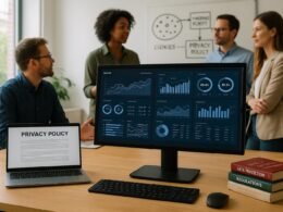 Modernes Büro mit Monitoren, Whiteboard voller Diagramme zu Cookies und Datenschutz, sowie Laptops mit Datenschutzseiten