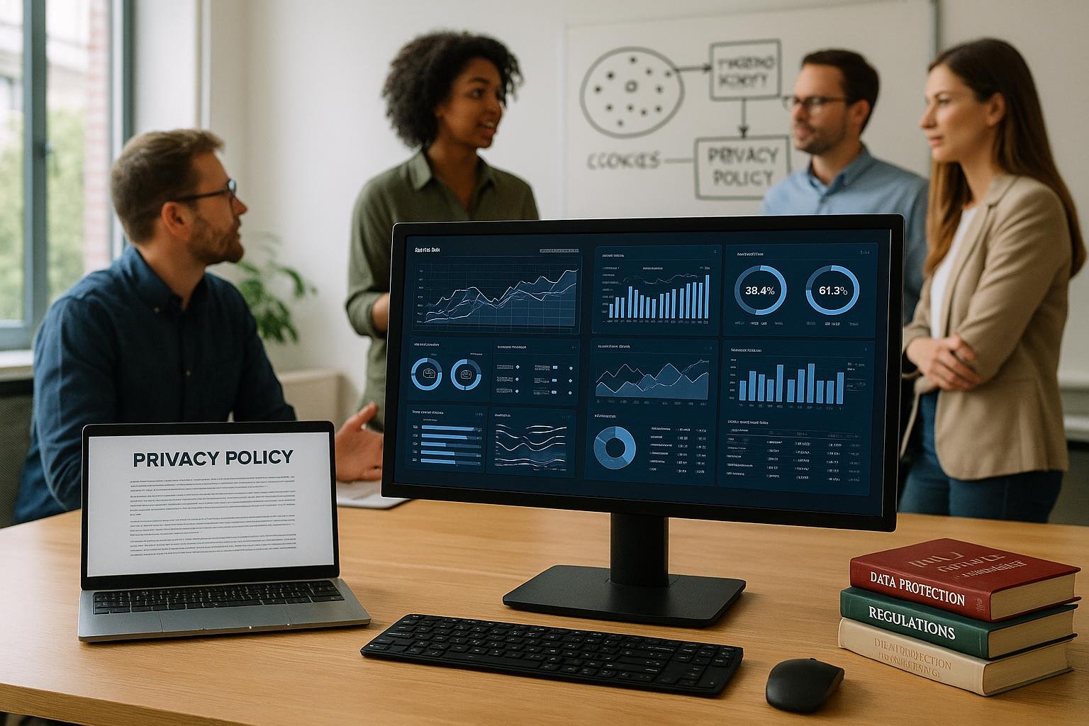 Modernes Büro mit Monitoren, Whiteboard voller Diagramme zu Cookies und Datenschutz, sowie Laptops mit Datenschutzseiten