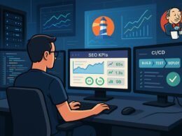 Moderne DevOps-Arbeitsstation mit mehreren Monitoren, Server-Racks und Performance-Dashboards mit Tools wie Lighthouse und Jenkins