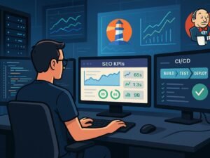 Moderne DevOps-Arbeitsstation mit mehreren Monitoren, Server-Racks und Performance-Dashboards mit Tools wie Lighthouse und Jenkins