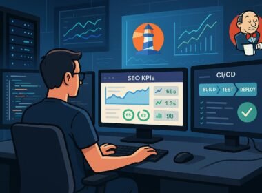 Moderne DevOps-Arbeitsstation mit mehreren Monitoren, Server-Racks und Performance-Dashboards mit Tools wie Lighthouse und Jenkins