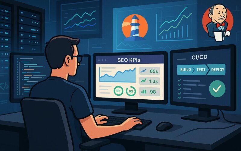 Moderne DevOps-Arbeitsstation mit mehreren Monitoren, Server-Racks und Performance-Dashboards mit Tools wie Lighthouse und Jenkins