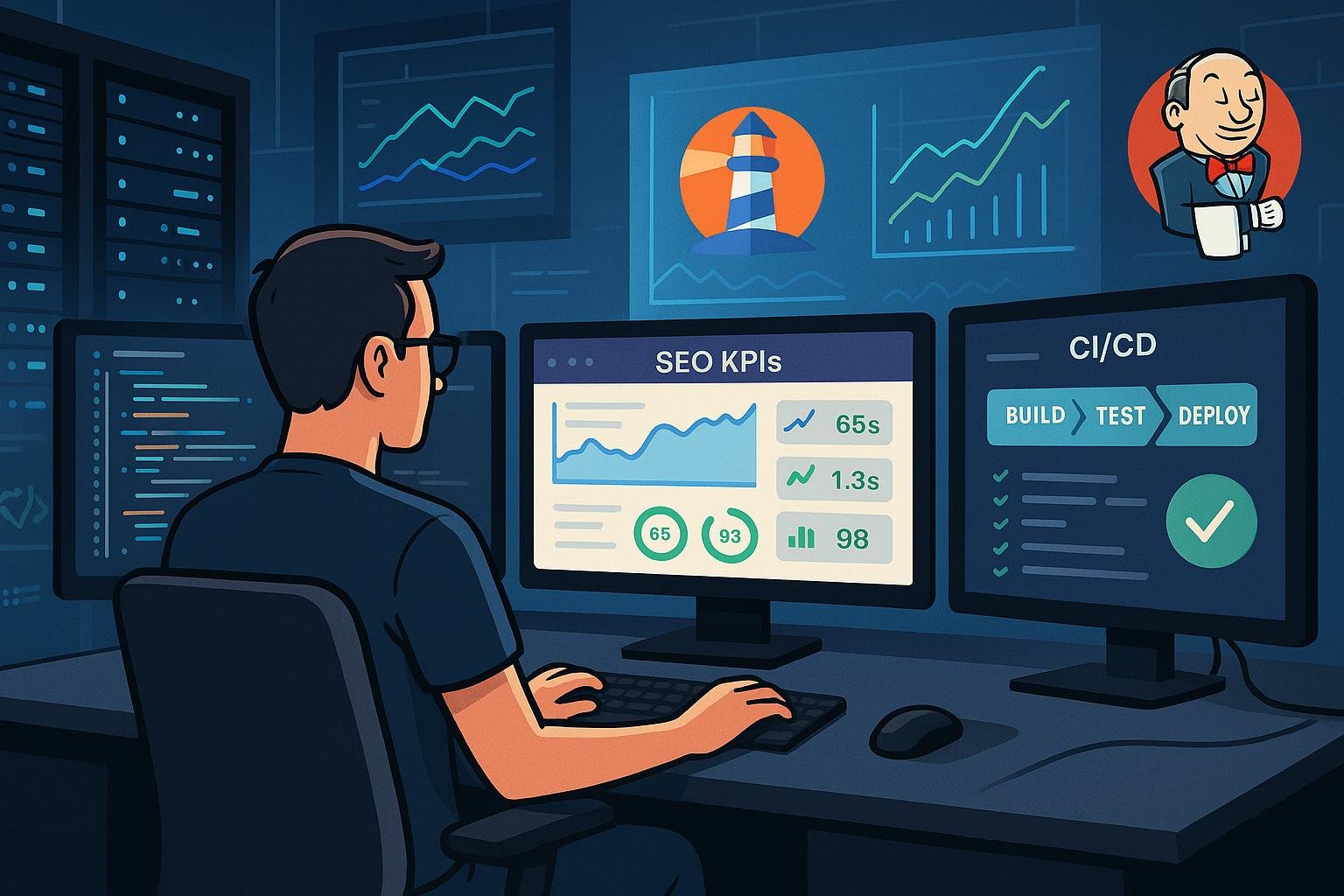 Moderne DevOps-Arbeitsstation mit mehreren Monitoren, Server-Racks und Performance-Dashboards mit Tools wie Lighthouse und Jenkins