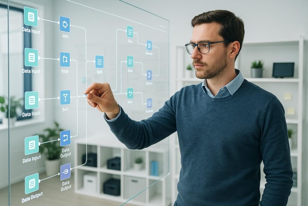 Geschäftsmann im Business-Casual vor einem großen, transparenten Touchscreen im modernen, hellen Büro, während er eine Datenverbindung herstellt. Im Hintergrund Regale mit technischen Geräten und Notizen.