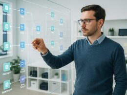 Geschäftsmann im Business-Casual vor einem großen, transparenten Touchscreen im modernen, hellen Büro, während er eine Datenverbindung herstellt. Im Hintergrund Regale mit technischen Geräten und Notizen.
