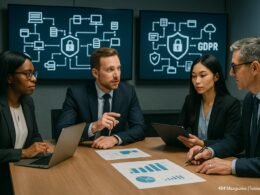 Diverse Geschäftsexperten arbeiten in einem modernen Büro mit digitalen Bildschirmen, die Datenflussdiagramme und Datenschutzsymbole anzeigen, bei strategischem Austausch zu Datensicherheit.