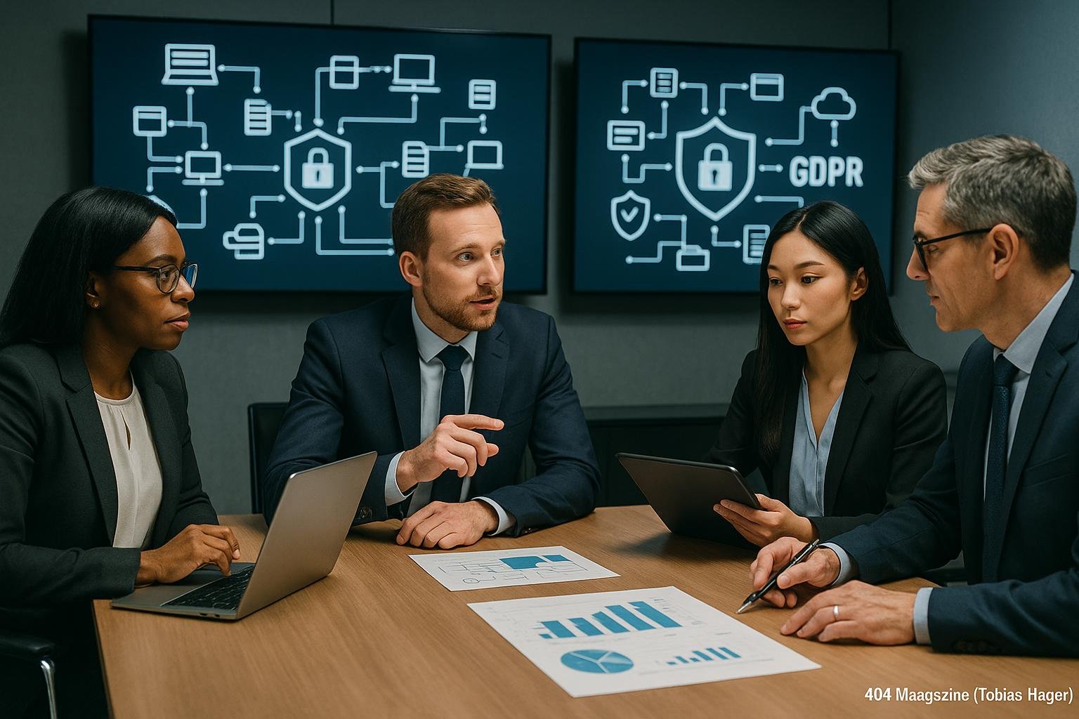 Diverse Geschäftsexperten arbeiten in einem modernen Büro mit digitalen Bildschirmen, die Datenflussdiagramme und Datenschutzsymbole anzeigen, bei strategischem Austausch zu Datensicherheit.