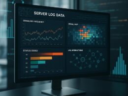 Scharfer Computerbildschirm mit komplexen Server-Log-Datenvisualisierungen, Druckstellen und Netzwerkdiagrammen im modernen Büro, Fokus auf technische SEO-Analyse.
