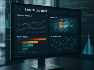 Scharfer Computerbildschirm mit komplexen Server-Log-Datenvisualisierungen, Druckstellen und Netzwerkdiagrammen im modernen Büro, Fokus auf technische SEO-Analyse.