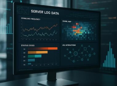 Scharfer Computerbildschirm mit komplexen Server-Log-Datenvisualisierungen, Druckstellen und Netzwerkdiagrammen im modernen Büro, Fokus auf technische SEO-Analyse.