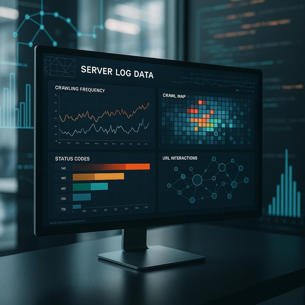 Scharfer Computerbildschirm mit komplexen Server-Log-Datenvisualisierungen, Druckstellen und Netzwerkdiagrammen im modernen Büro, Fokus auf technische SEO-Analyse.