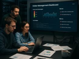 Team arbeitet in einem modernen Büro vor einem großen Wandmonitor mit Fehler-Management-Dashboard, umgeben von Serverregalen und technischer Ausstattung. Credit: 404 Magazine (Tobias Hager)