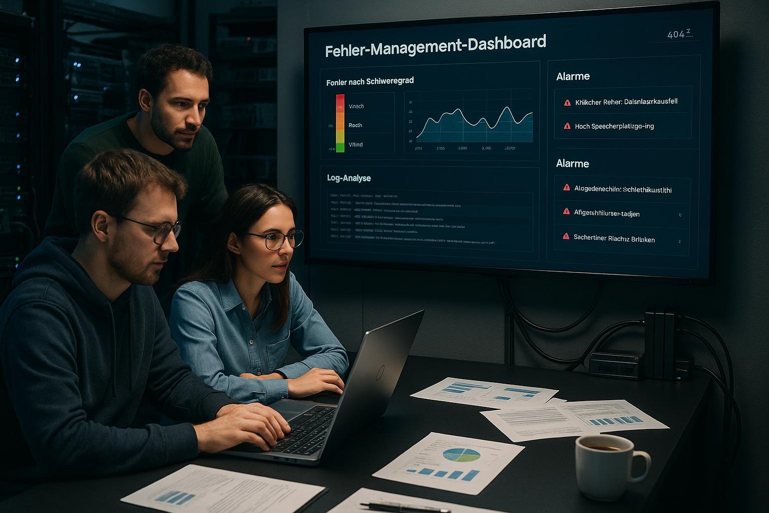 Team arbeitet in einem modernen Büro vor einem großen Wandmonitor mit Fehler-Management-Dashboard, umgeben von Serverregalen und technischer Ausstattung. Credit: 404 Magazine (Tobias Hager)