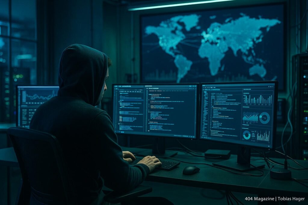 Modernes Hochtechnologiebüro mit Entwickler in Hoodie vor digitalen Bildschirmen und Weltkarte, belichtet mit blauen und grünen Lichtern.