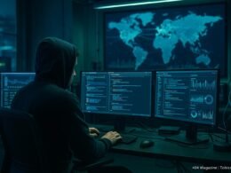 Modernes Hochtechnologiebüro mit Entwickler in Hoodie vor digitalen Bildschirmen und Weltkarte, belichtet mit blauen und grünen Lichtern.