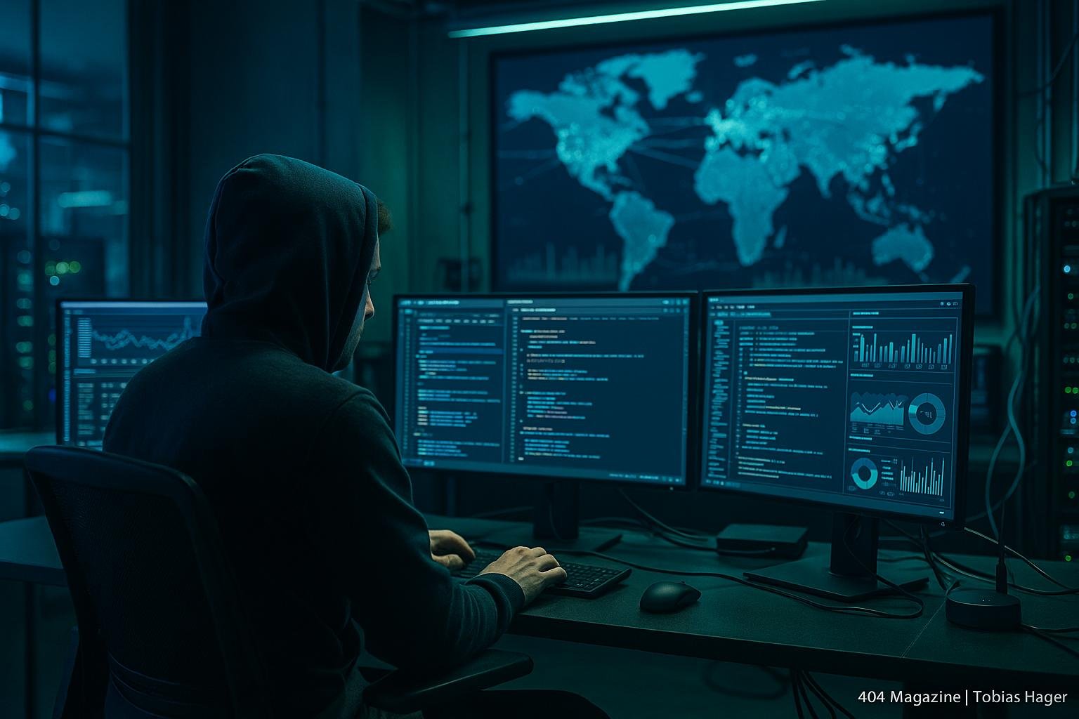 Modernes Hochtechnologiebüro mit Entwickler in Hoodie vor digitalen Bildschirmen und Weltkarte, belichtet mit blauen und grünen Lichtern.