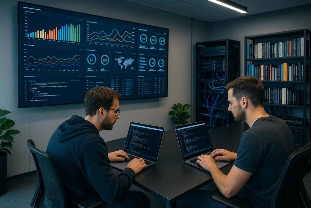 Modernes High-Tech Büro mit Entwicklern, großen Bildschirmen mit Datenvisualisierung und technischen Regalen